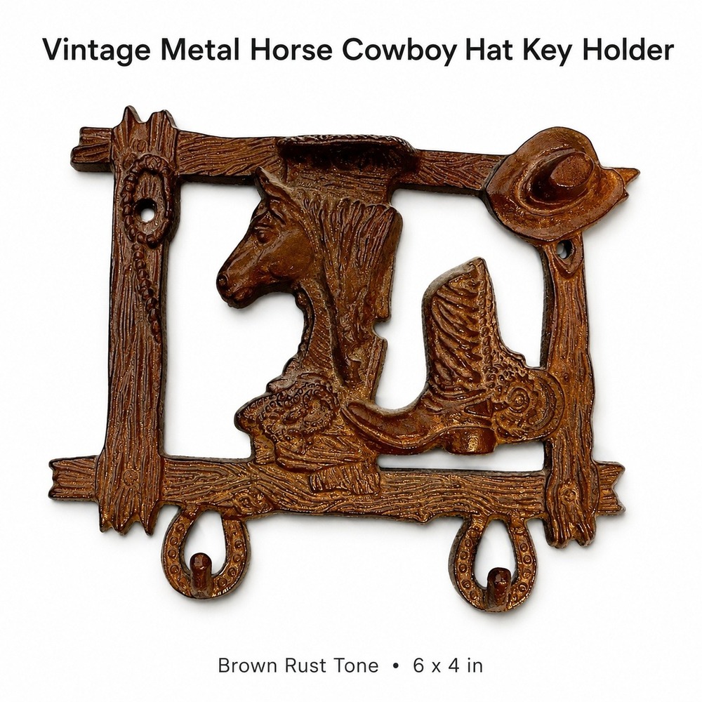 Vintage Cast Iron Horse Cowboy Boot Hat Horseshoe Wall Hook Home Decor Brown 6x4